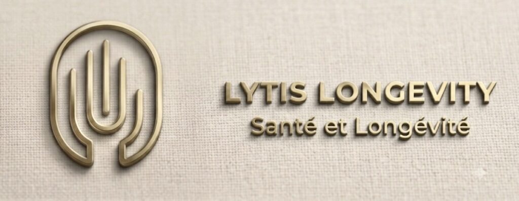 Screenshot - Renata Franca La Réunion Gold 3D logo for LYTIS LONGEVITY with the slogan'Santé et Longévité' on a beige textured background.