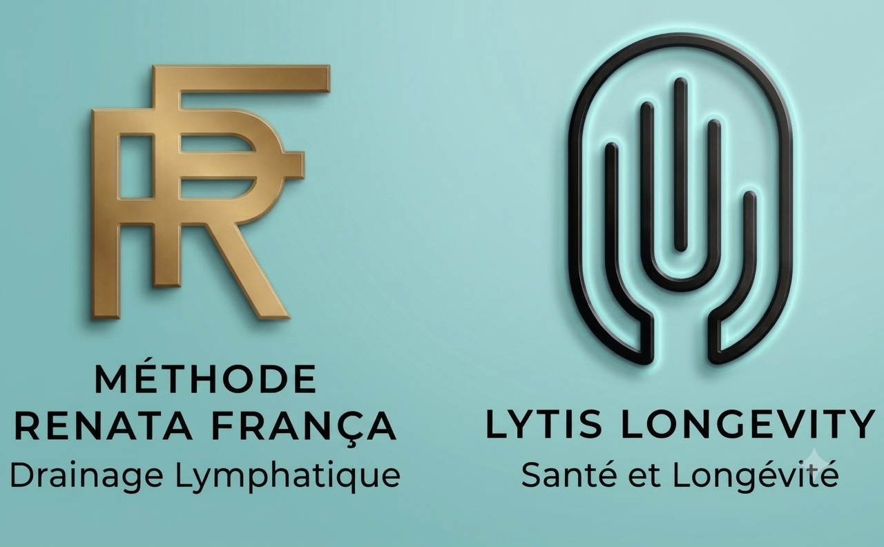 Banner with two health logos on a turquoise background: left is a gold Renata França drainage symbol with its slogan; right is a black palm-shaped logo for Lytis Longevity with its slogan.