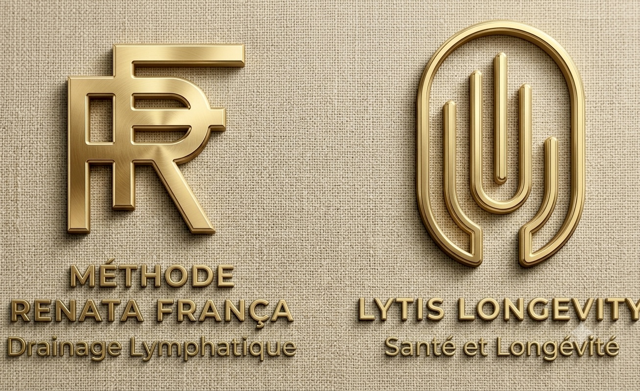 Two gold logos on a beige fabric background: Méthode Renata França Drainage Lymphatique (left) and Lytis Longevity Santé et Longévité (right).
