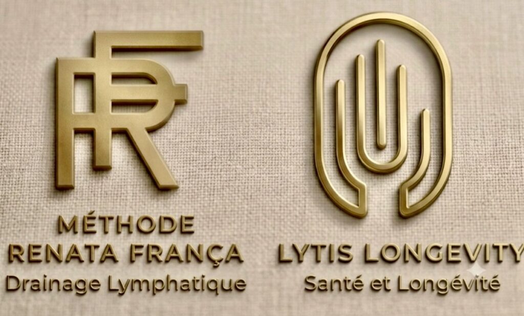 Gold branding signage showing Méthode Renata França Drainage Lymphatique on the left and Lytis Longevity Santé et Longévité on the right, mounted on a beige textured background.