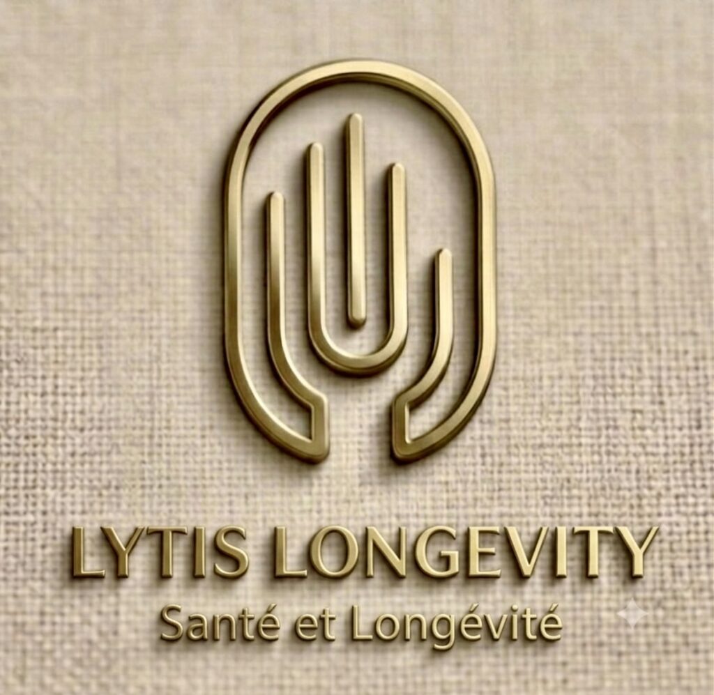 Gold emblem logo with layered arches forming a stylized shape, above the text 'LYTIS LONGEVITY' and 'Santé et Longévité'.