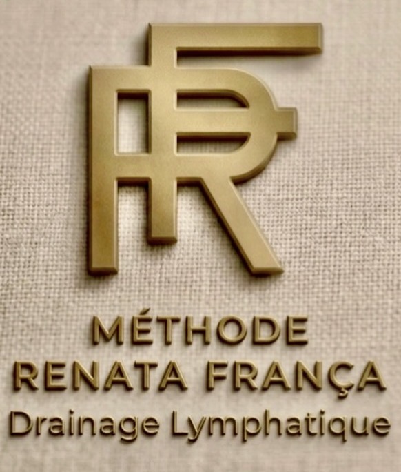 Gold logo with overlapping 'RF' initials and the text 'Méthode Renata França Drainage Lymphatique' on a beige fabric background